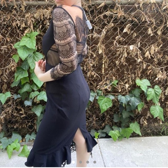 Three Floor black lace and mesh cutout sexy little black evening dress - Picture 3 of 4